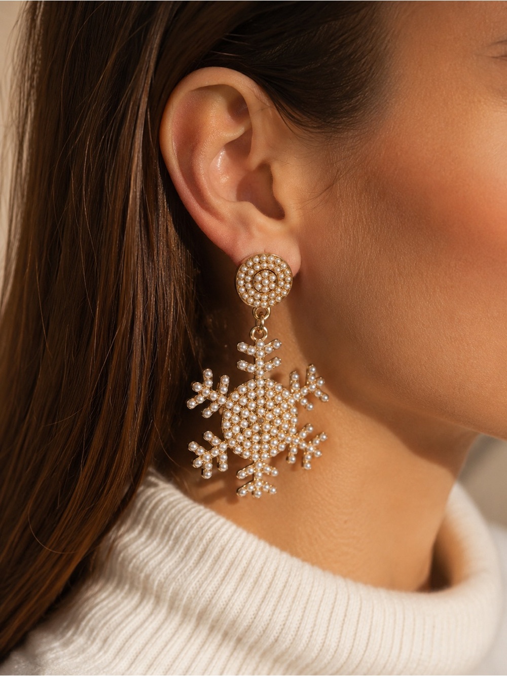 Christmas Snowflake Pearl Seed Bead Drop Dangle Earrings Gold Tone Jewelry